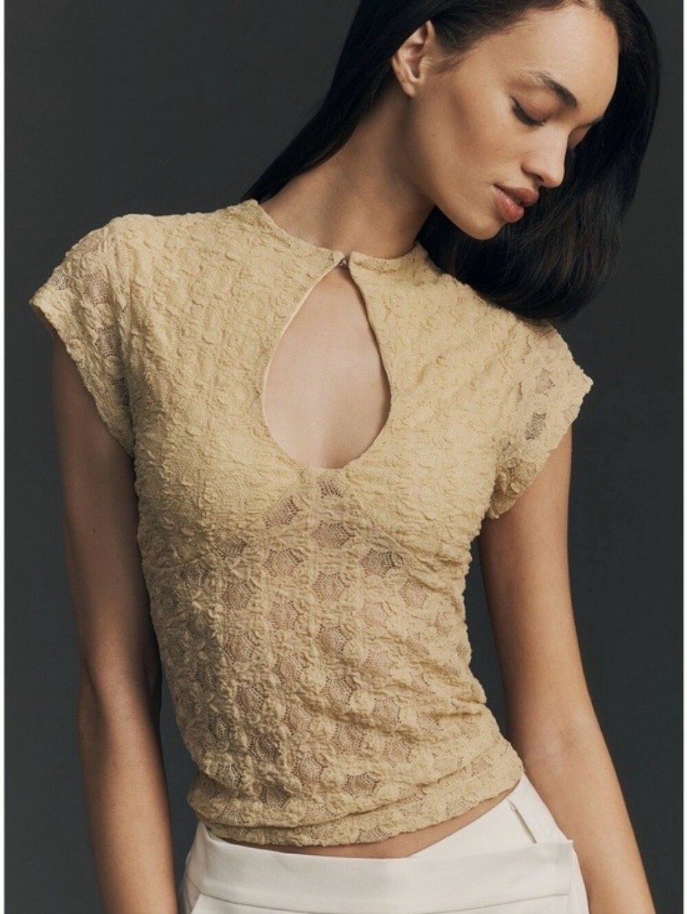 Anthropologie Keyhole High Neck Lace Top In Yellow Size Large